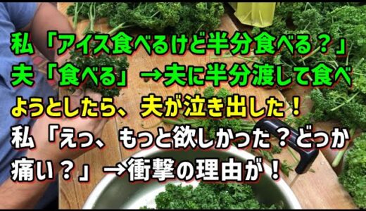 【スカッとひろゆき】私「アイス食べるけど半分食べる？」夫「食べる」→夫に半分渡して食べようとしたら、夫が泣き出した！私「えっ、もっと欲しかった？どっか痛い？」→衝撃の理由が！